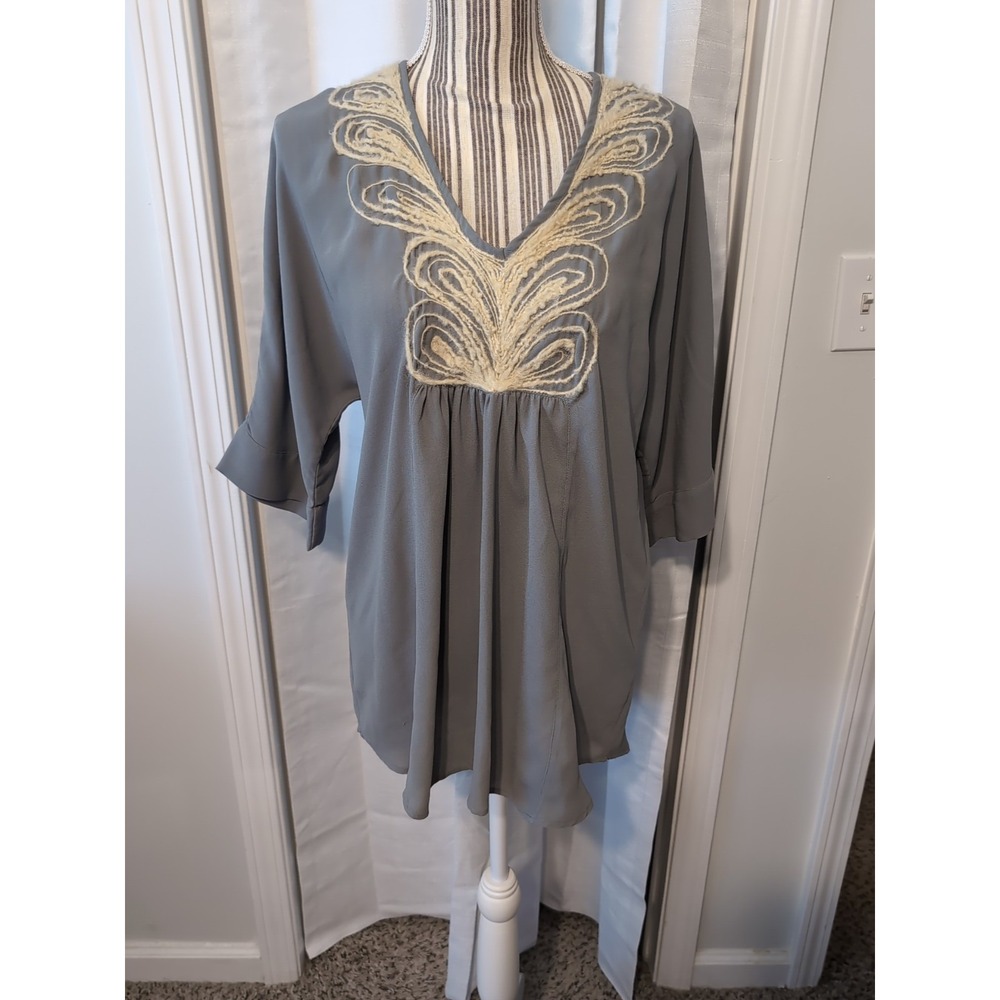 Calypso St Barth Women's Gray Sheer Tunic With Cream Design V-Neck 3/4...
